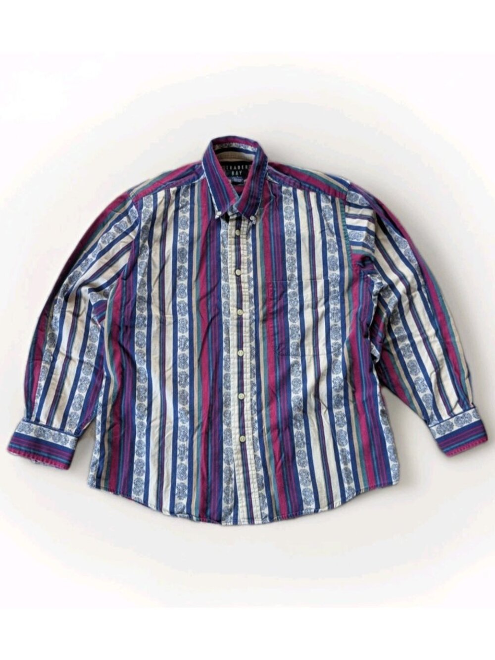 Vintage Trader Bay Striped Medallion Button‑Down Shirt | 90s Cotton | Men’s M